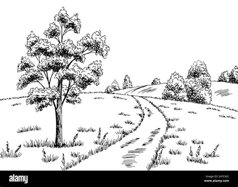 Rural road graphic black white landscape sketch illustration vector ...