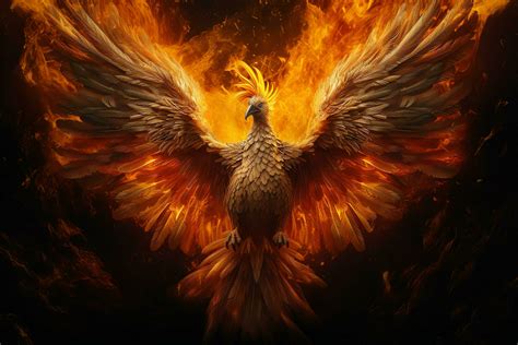 Phoenix bird with outstretched wings rising burning in flames. Epic ...