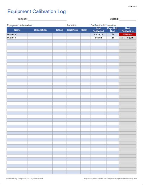 Equipment Calibration Log for Excel