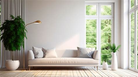 Premium AI Image | White minimalist living room interior with sofa on a wooden floor decor on a ...