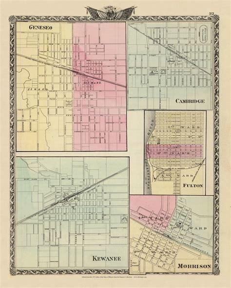 Geneseo, Cambridge, Fulton, Kewanee & Morrison Cities, 1876 Illinois - Old Map Reprint - Warner ...