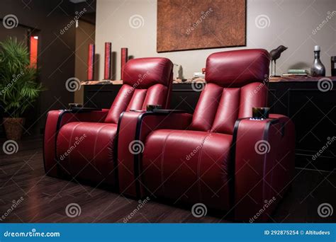 Leather-upholstered Home Theater Seating with Cup Holders Stock Photo ...