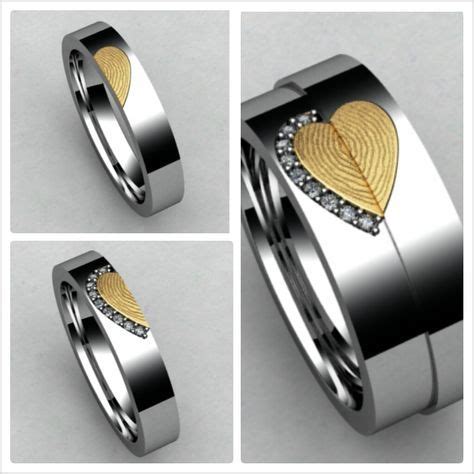 Unique Heart Fingerprint Inlay Matching Wedding Bands In Platinum