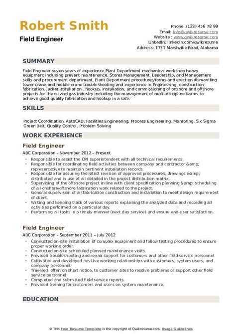 Field Engineer Resume Samples | QwikResume