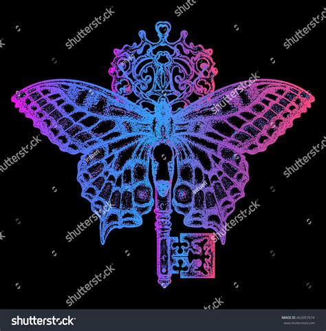 Esoteric Neon Butterfly Key Tattoo Art Stock Vector (Royalty Free) 662057674 | Shutterstock