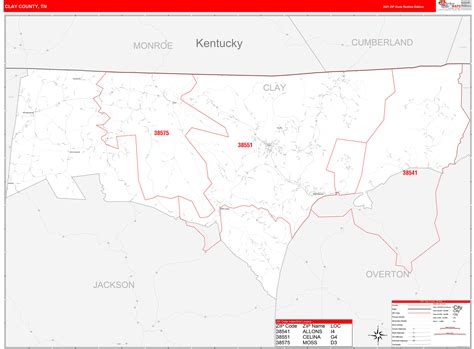 Clay County, TN Zip Code Wall Map Red Line Style by MarketMAPS - MapSales.com