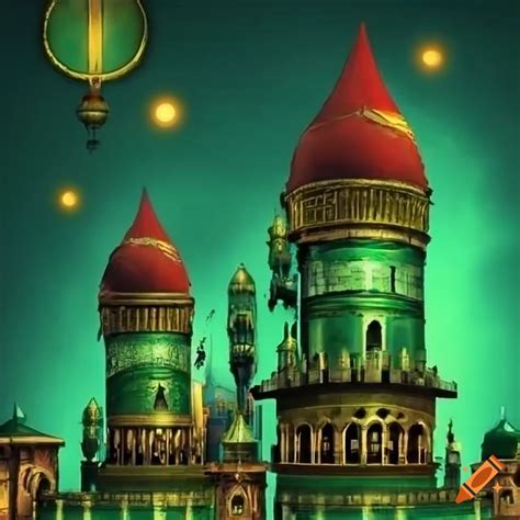 Steampunk cityscape with arabian influences