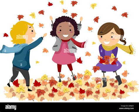 Illustration of Stick Kids Playing with Autumn Leaves Stock Photo - Alamy