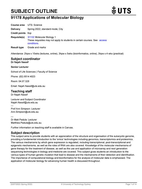 91178 Applications of Molecular Biology - SUBJECT OUTLINE 91178 ...