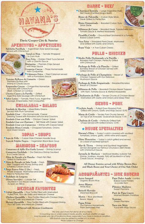 Menu Havanas restaurant Cooper City