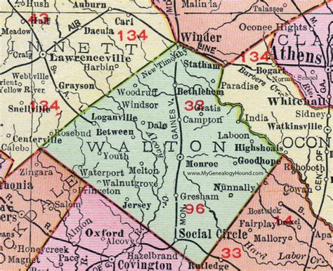 Walton County, Georgia, 1911, Map, Monroe, Social Circle, Winder, Loganville, Good Hope, Campton