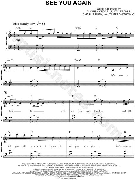 Wiz Khalifa feat. Charlie Puth "See You Again" Sheet Music (Easy Piano ...