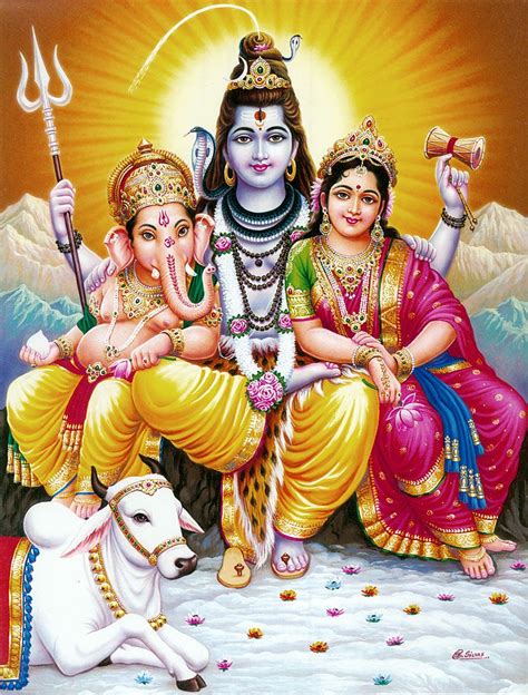 Shiva, Parvati, Ganesha with Nandi - Poster - 11 x 9 inches - Unframed