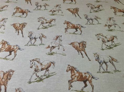 Natural Linen Horses Print upholstery canvas cotton print fabric curtains cushions dress vintage ...