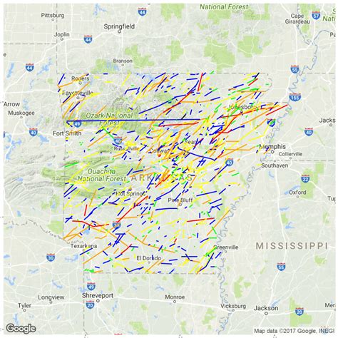 AR Tornadoes Mapped 1950 to 2017 (NOAA Data - data details in comments) : Arkansas