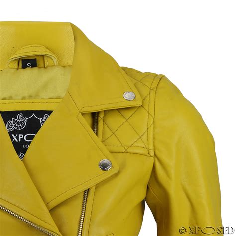 Ladies Womens Yellow Soft Real Leather Vintage Slim Fit Zip Biker Style ...