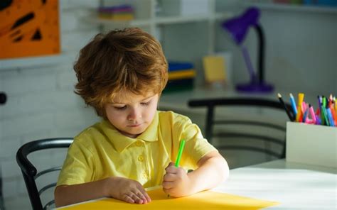 Premium Photo | Little child school boy doing homework sitting at desk kid boy from primary ...