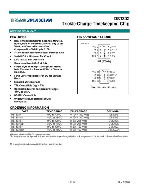 Maxim Integrated DS1302 Datasheet | PDF | Random Access Memory ...