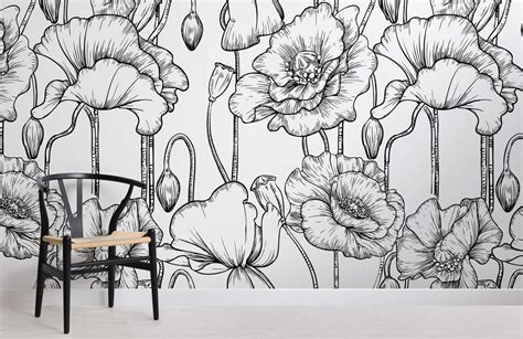 Black & White Illustrated Flowers Wallpaper Mural | Hovia UK | White flower wallpaper, Mural ...