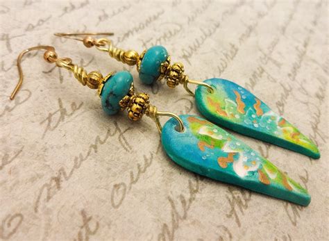 Turquoise and Artisan Polymer Clay Earrings, Boho Gemstone Light Weight Earrings in Aqua Lime ...