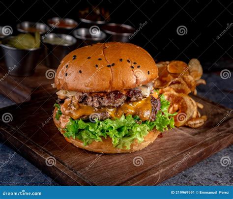 Great Double Beef Burger with Chips Stock Image - Image of bacon ...