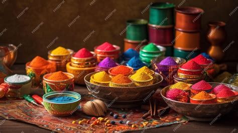 Premium AI Image | A colorful display of holi powders in front of a can of different colors