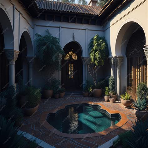 Premium Photo | A courtyard with a pool in the middle and a pool in the middle.