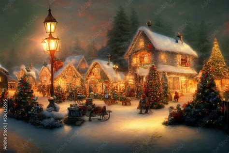 Foto de Christmas village with Snow in vintage style. Winter Village Landscape. Christmas ...