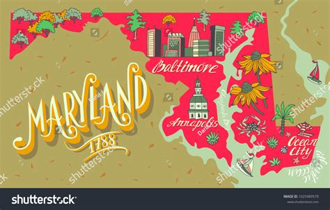 Vektor Stok Illustrated Map Maryland Usa Travel Attractions (Tanpa Royalti) 1025989579 ...