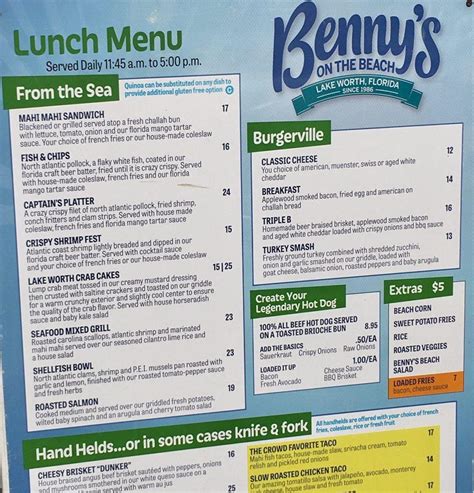 Menu at Benny's On The Beach - Pier pub & bar, Lake Worth