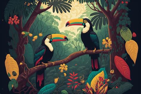 Premium Photo | Illustration of a tropical rainforest with toucans