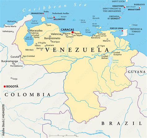 Venezuela political map with capital Caracas, with national borders, most important cities ...