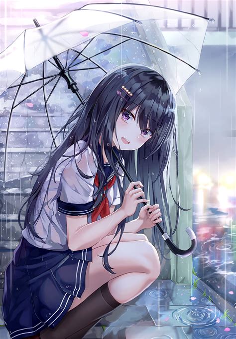 schoolgirl, long hair, original characters, Lkeris, squatting, dark ...