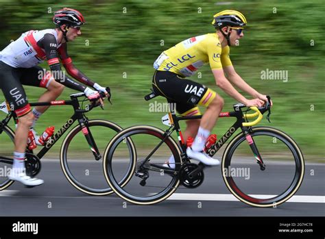 Slovenian Tadej Pogacar of UAE Team Emirates wearing the yellow jersey ...