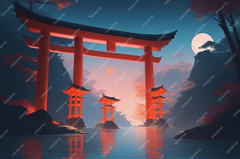 Premium Photo | A red torii gate in the middle of the lake at night