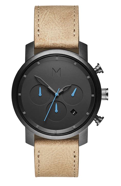 MVMT Chrono Chronograph Leather Strap Watch in Black for Men - Lyst