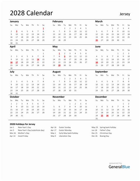 Standard Holiday Calendar for 2028 with Jersey Holidays