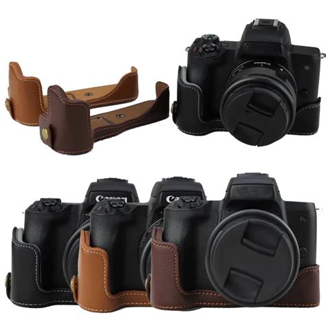 Genuine Leather Half Body Camera Bottom Case Cover For Canon EOS M50 EOSM50 with Battery ...