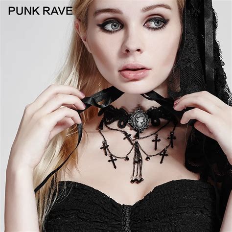 PUNK RAVE Gothic Accessories Vampires Mystique Exquisite Lace Metal Chain Cross Headwear Retro ...