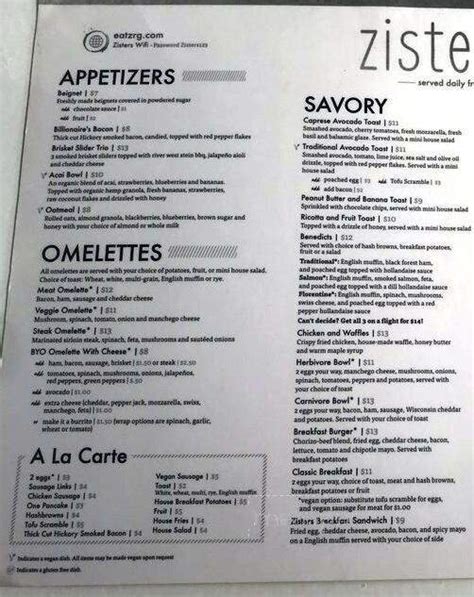 Menu of Zisters in Elm Grove, WI 53122