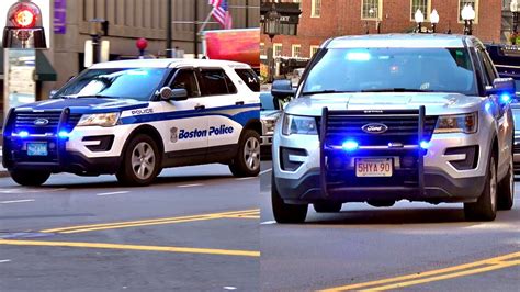 Boston Police Cars Responding: Slicktop and Unmarked Ford Interceptors Sirens - YouTube