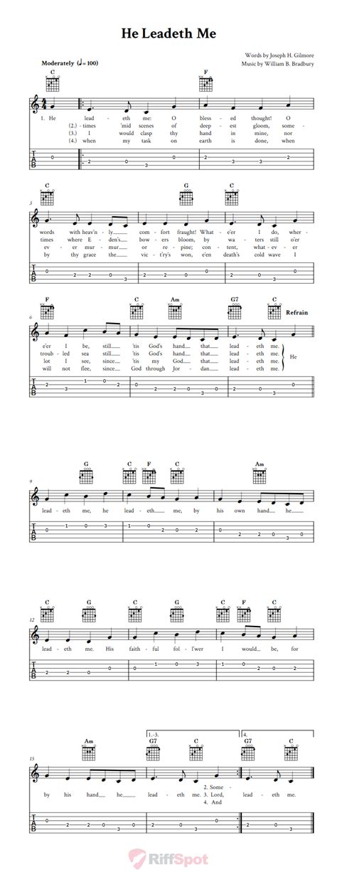 He Leadeth Me - Easy Guitar Sheet Music and Tab with Chords and Lyrics