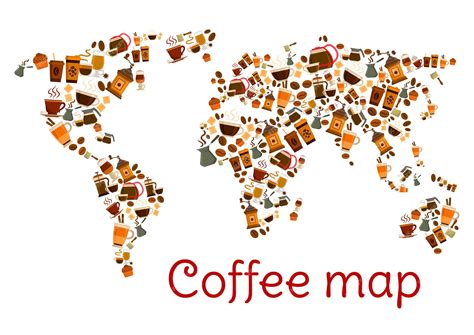 Premium Vector | Coffee world map poster with cup and dessert