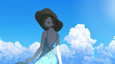 Pretty anime girl, dress, clouds, back view, hat, summer, brown hair ...