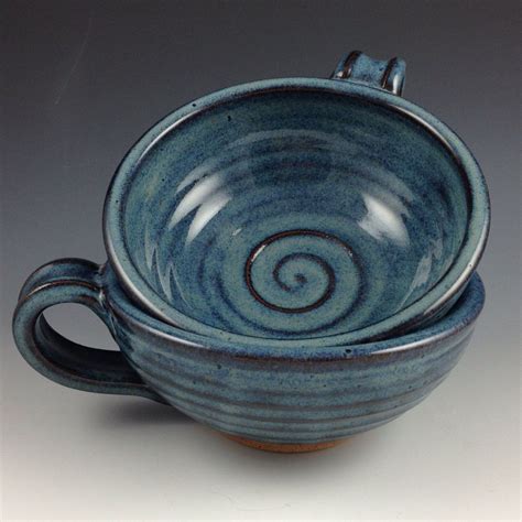 Soup Bowls, Set of 2 Bowls with Handle, Handmade Pottery Bowls, Denim Blue Glaze, Ceramic Soup ...