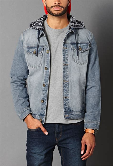 Lyst - Forever 21 Print Hooded Denim Jacket in Blue for Men