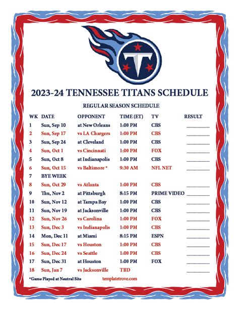 Printable 2023-2024 Tennessee Titans Schedule