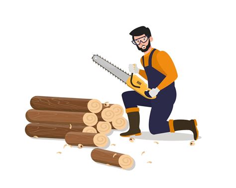 Worker sawing logs with electric saw. Timberwood, lumberjacks ...