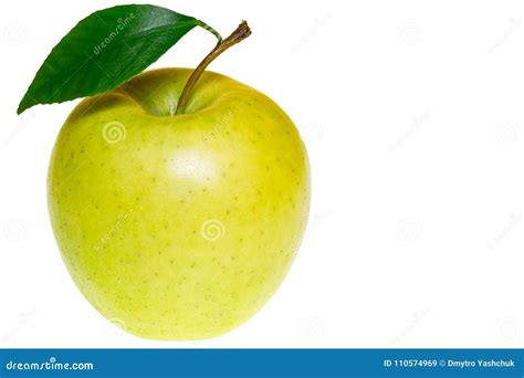 Single Ripe Green Apple with Green Apple Leaf Isolated on White Background. Apple and Leaf with ...