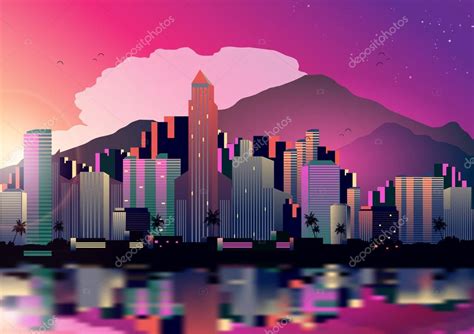 Tropical City Skyline at Night with Reflection Background - Vector ...